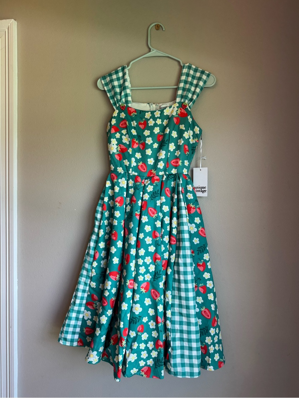 Unique Vintage Teal Green Strawberry & Gingham Women’s dress
